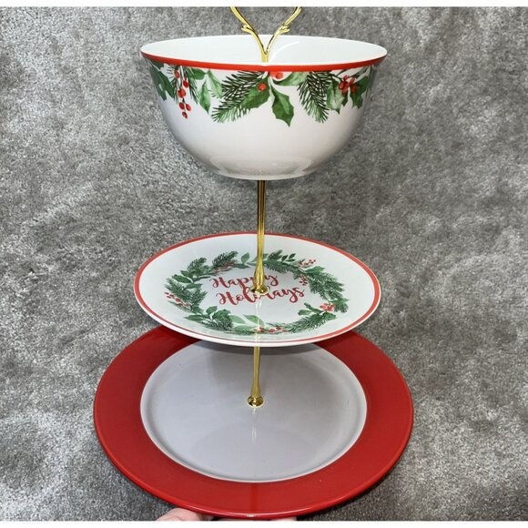 Other - Christmas 3-Tier Ceramic Serving Stand Tid Bit With Gold Handle Holiday Parties